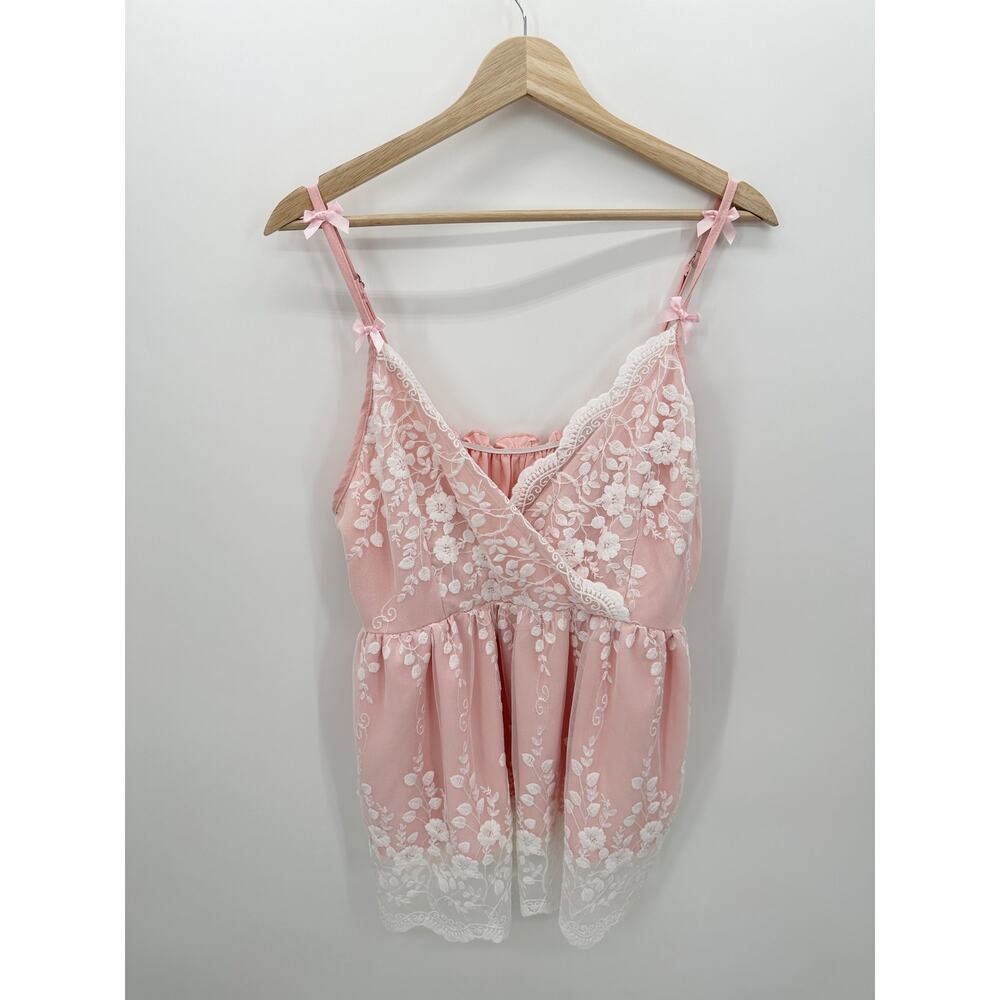 Romwe Pink Floral‎ Lace Babydoll Tank Women Size 1XL Bratz Feminine Coquette